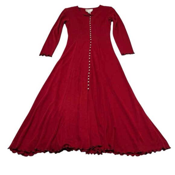 Vintage California Gold Rush Dress M Red Aline Pearl Button Maxi French Country - Picture 2 of 9